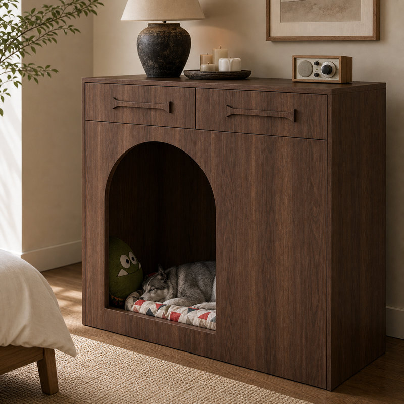 Pet House Storage Cabinet – Walnut with Arched Entrance