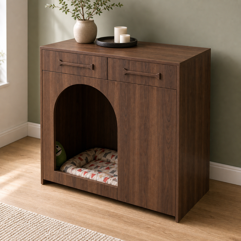 Pet House Storage Cabinet – Walnut with Arched Entrance