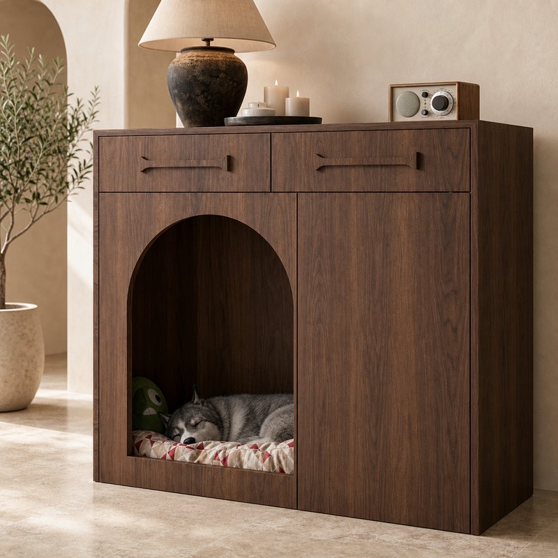 Pet House Storage Cabinet – Walnut with Arched Entrance