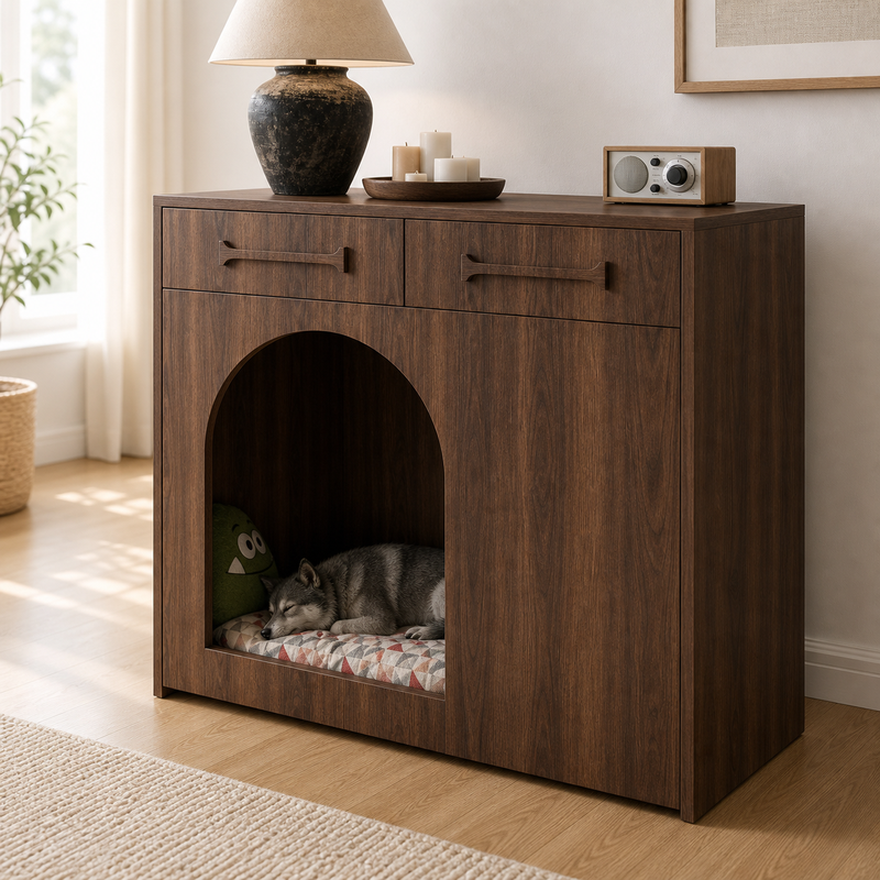 Pet House Storage Cabinet – Walnut with Arched Entrance