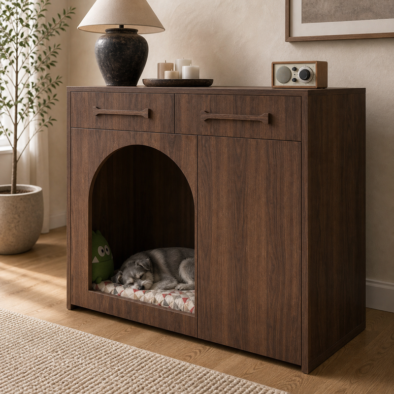 Pet House Storage Cabinet – Walnut with Arched Entrance