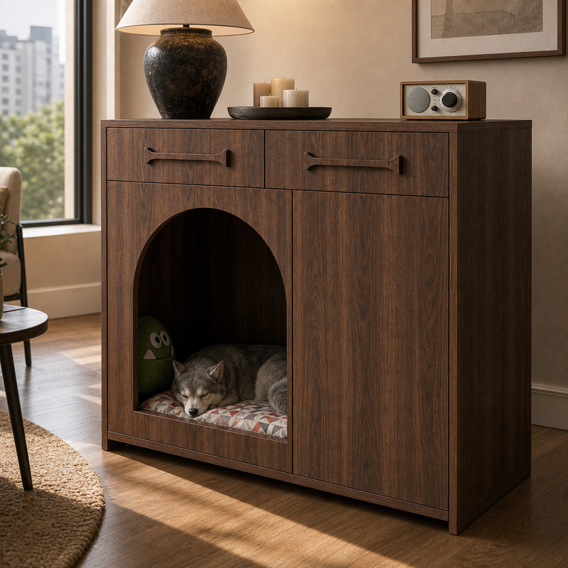 Pet House Storage Cabinet – Walnut with Arched Entrance