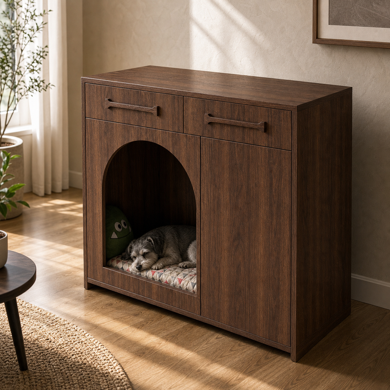 Pet House Storage Cabinet – Walnut with Arched Entrance