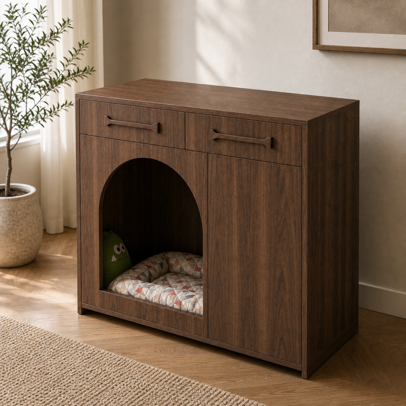 Pet House Storage Cabinet – Walnut with Arched Entrance