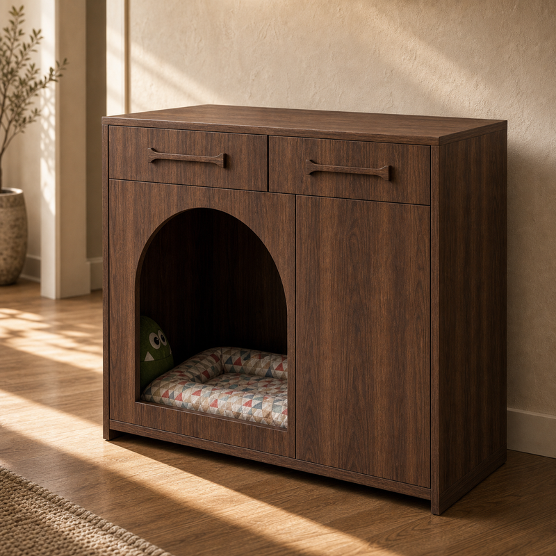 Pet House Storage Cabinet – Walnut with Arched Entrance