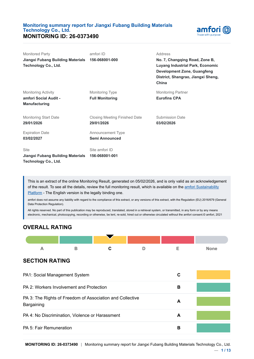 amfori BSCI monitoring summary for Jiangxi Fubang