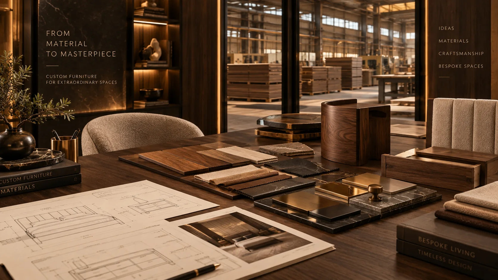 Custom furniture material review table with workshop background